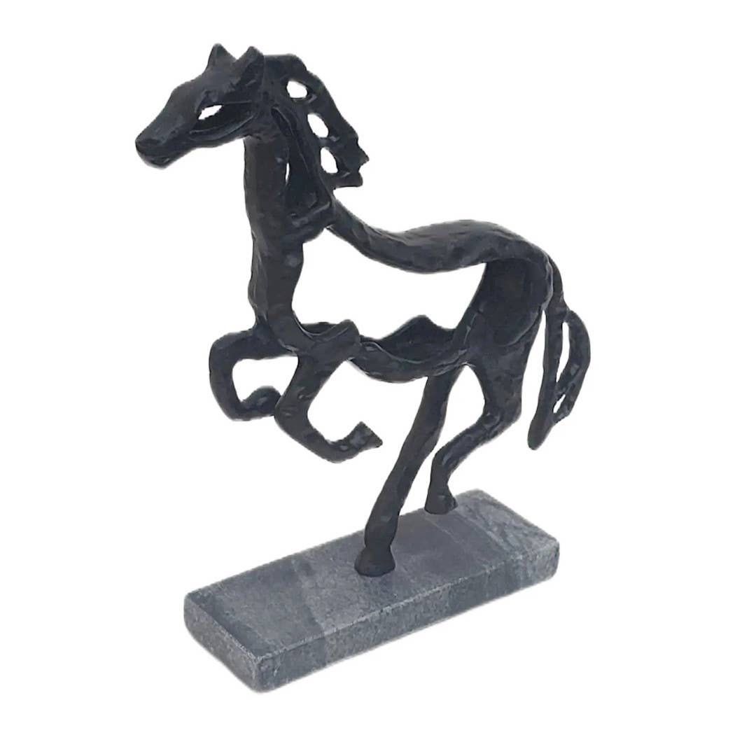 Black Metal Stone Galloping Horse on marble Base, 14 in