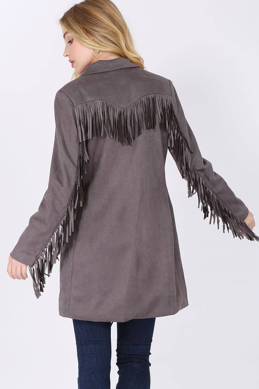Purple/gray fringed Blazed in Faux Suede