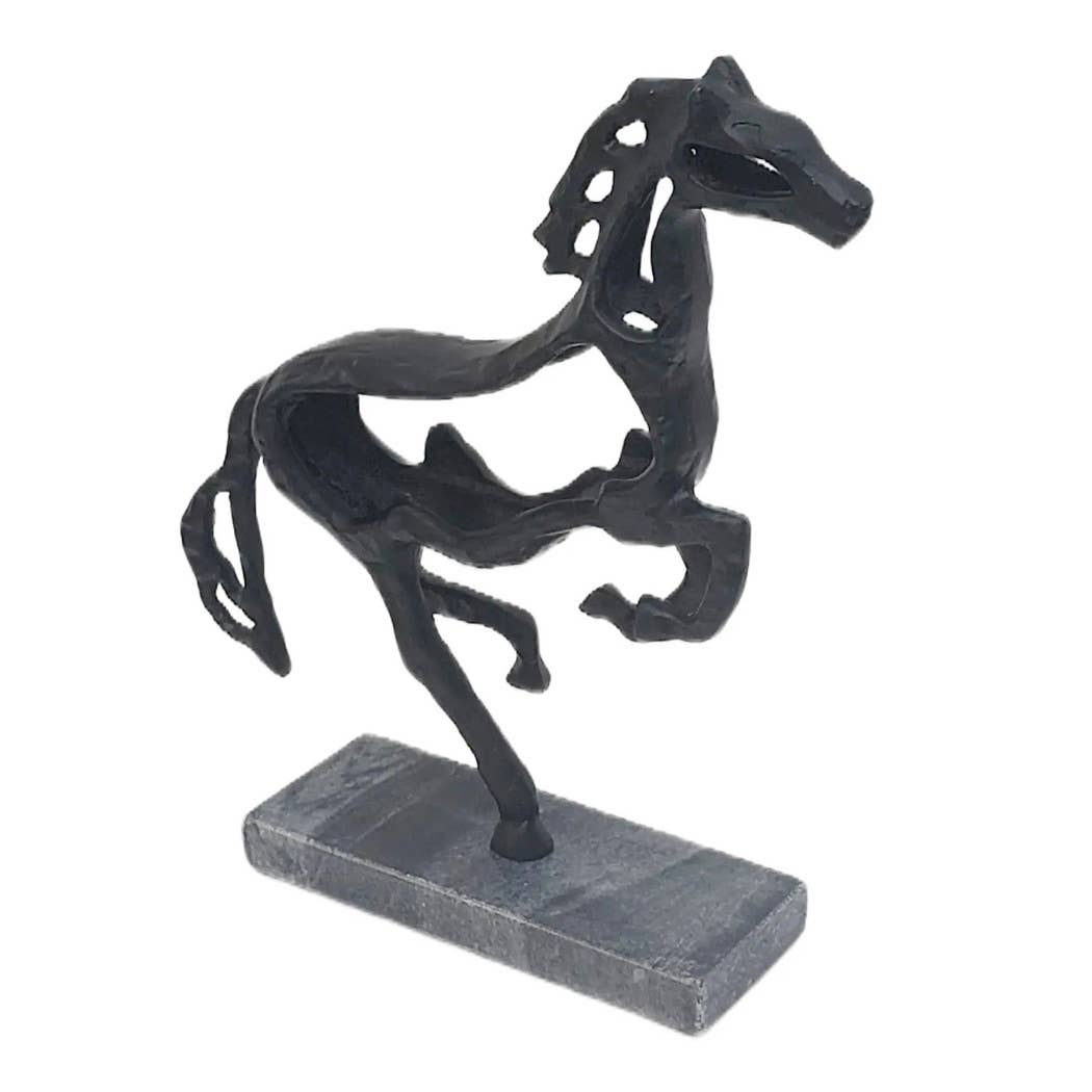 Black Metal Stone Galloping Horse on marble Base, 14 in