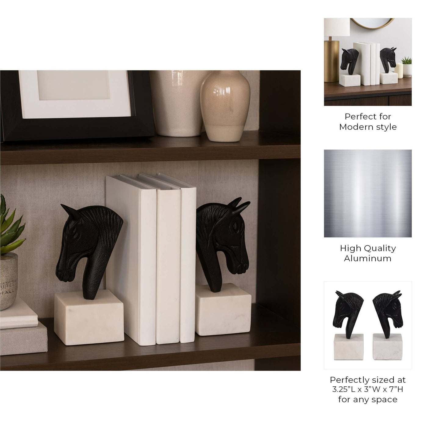 White/Black Metal Horse Head bookends on marble bases