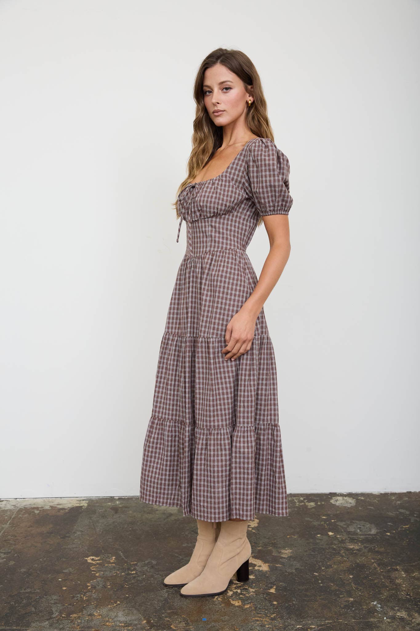 PLAID PUFF SLEEVE CORSET MIDI DRESS