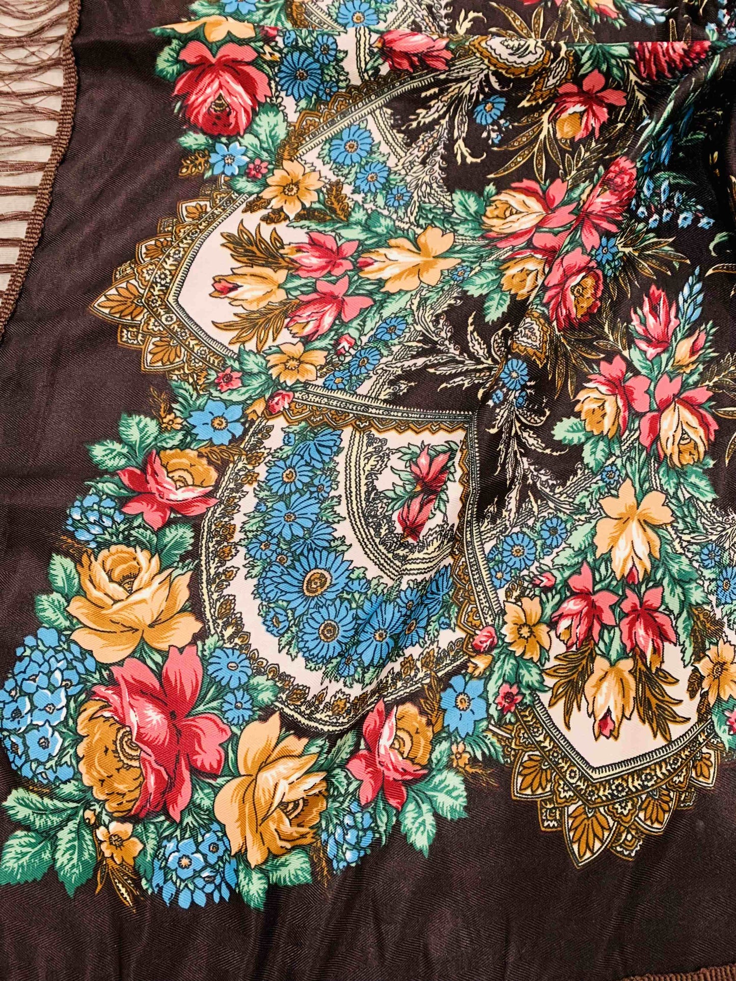 Western or Spanish Long Fringe Floral Square Scarf/Shawl