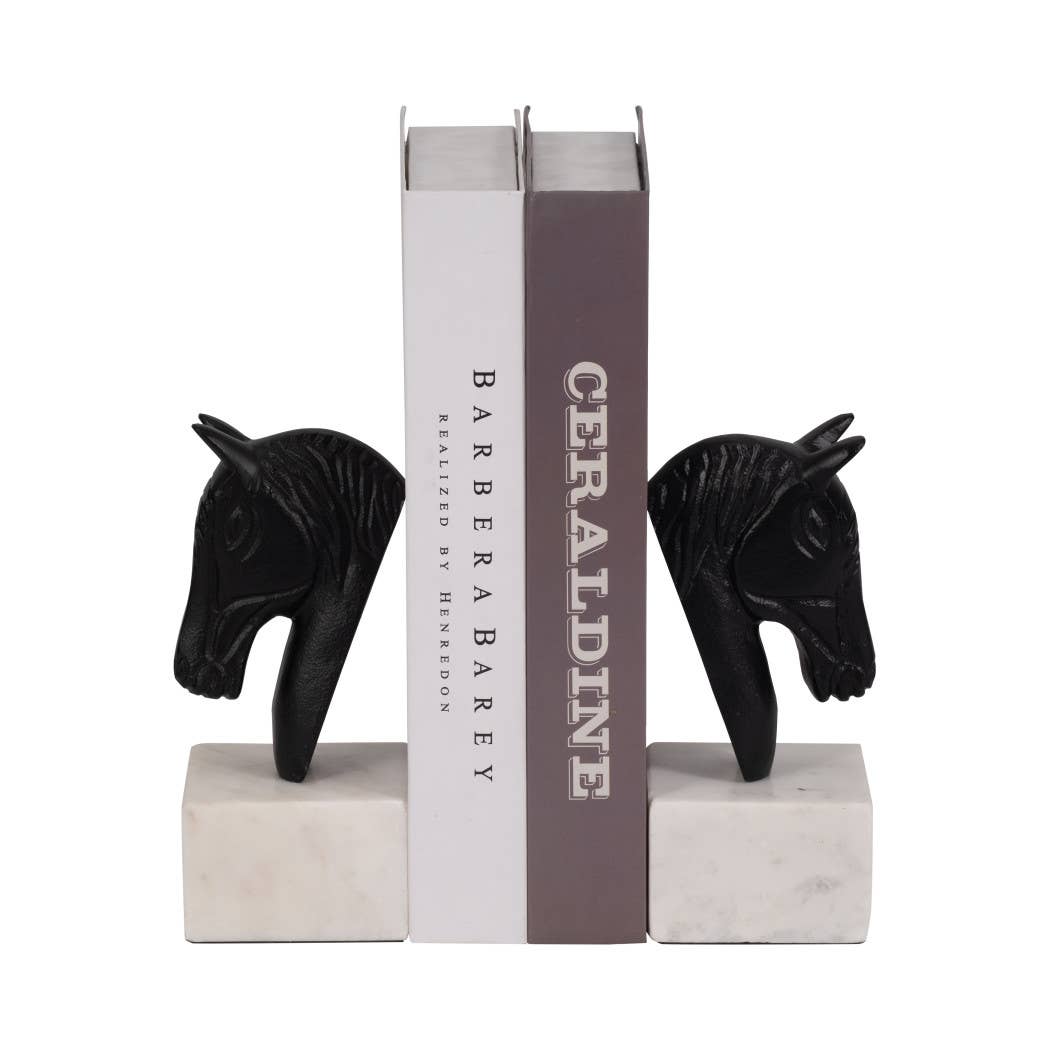 White/Black Metal Horse Head bookends on marble bases