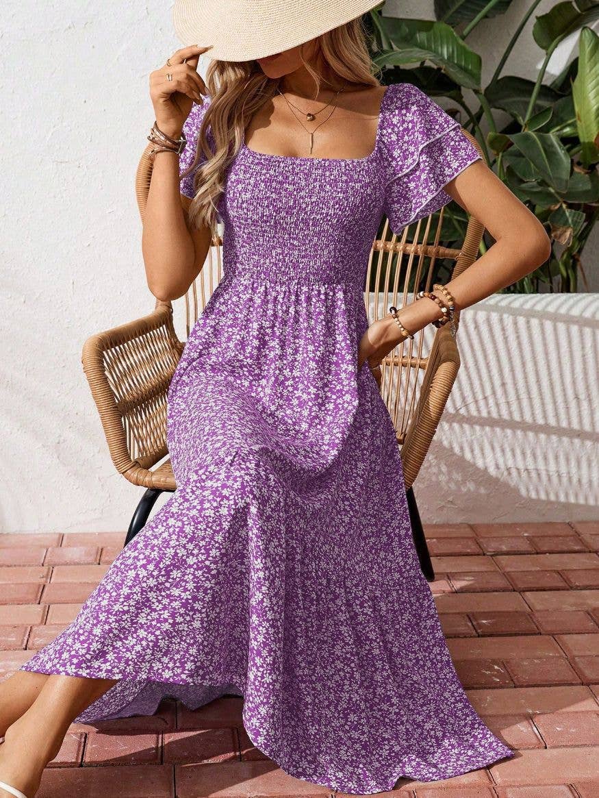Beautiful Purple Floral Smocked Square Neck Midi Dress