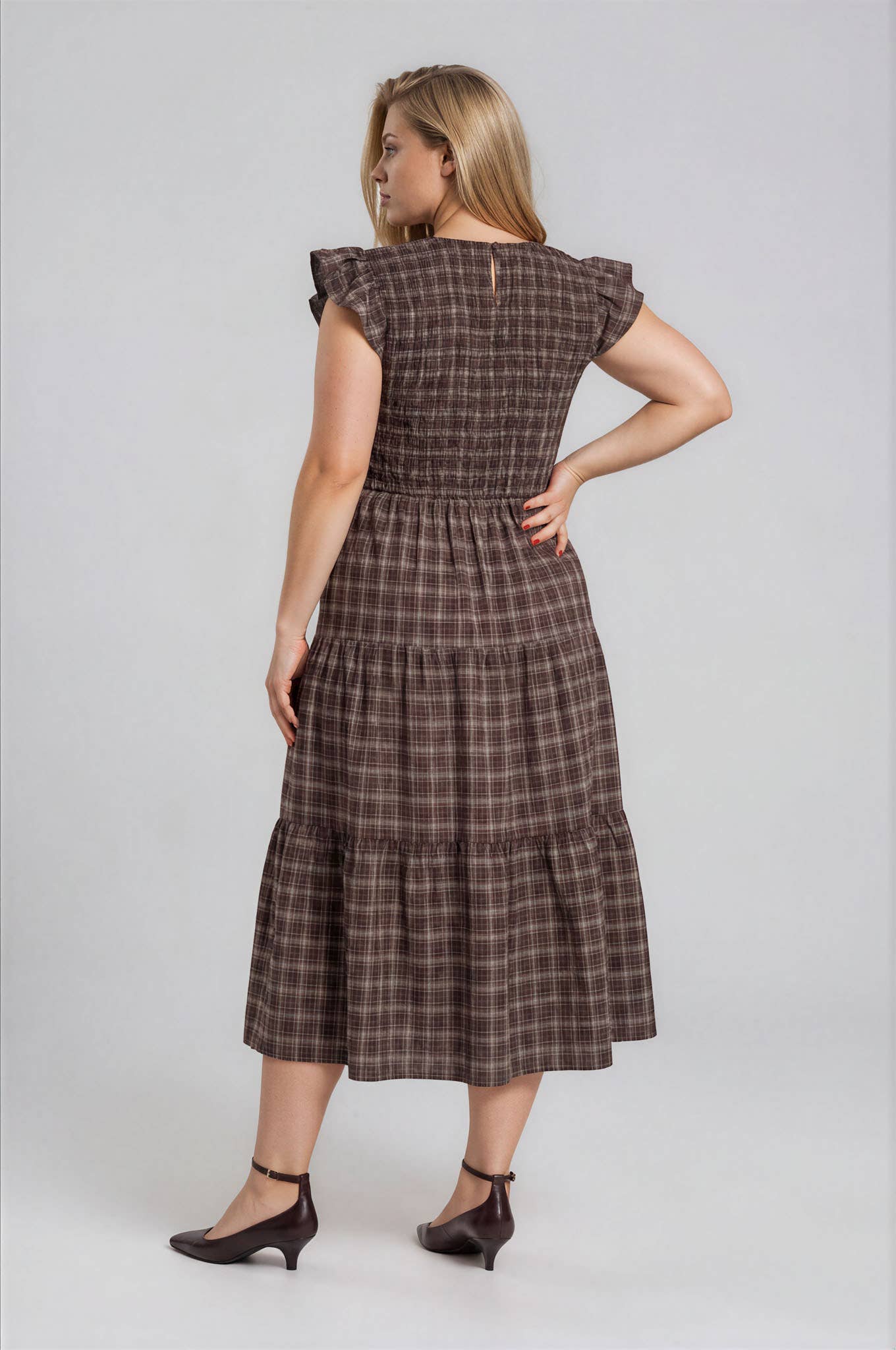 PLUS PLAID V NECK SMOCKED TIERED MIDI DRESS