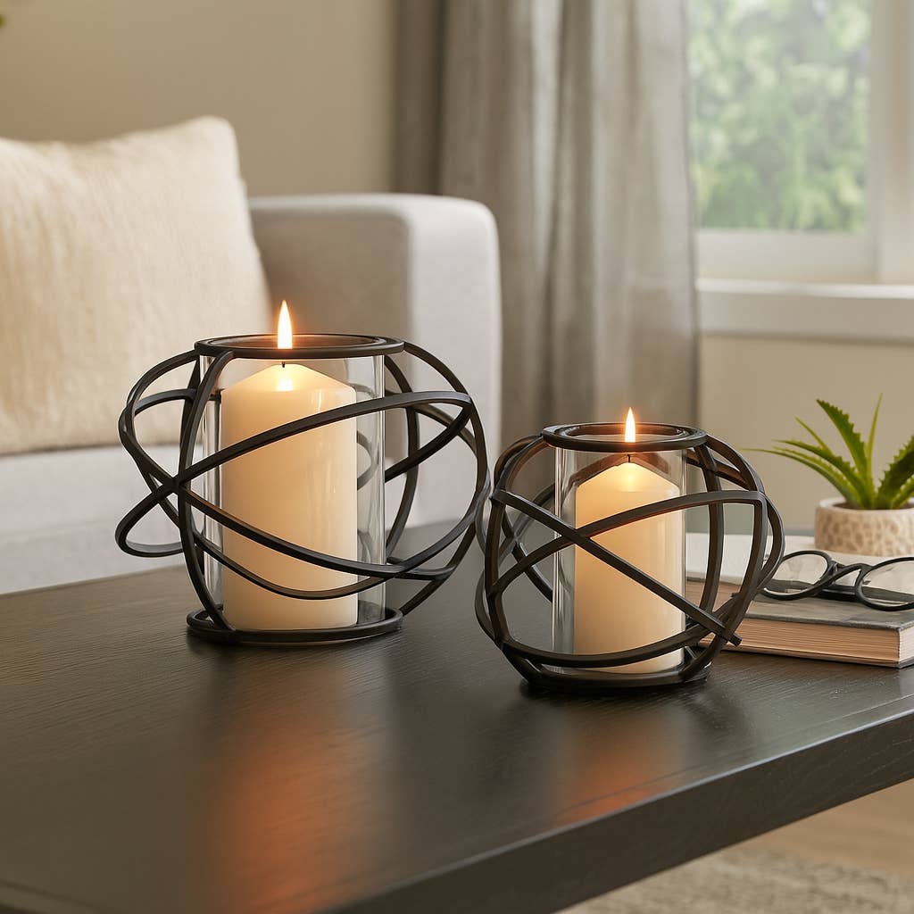 Rustic black metal swirl candle holders-set of 2