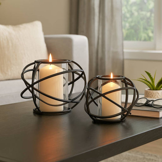 Rustic black metal swirl candle holders-set of 2