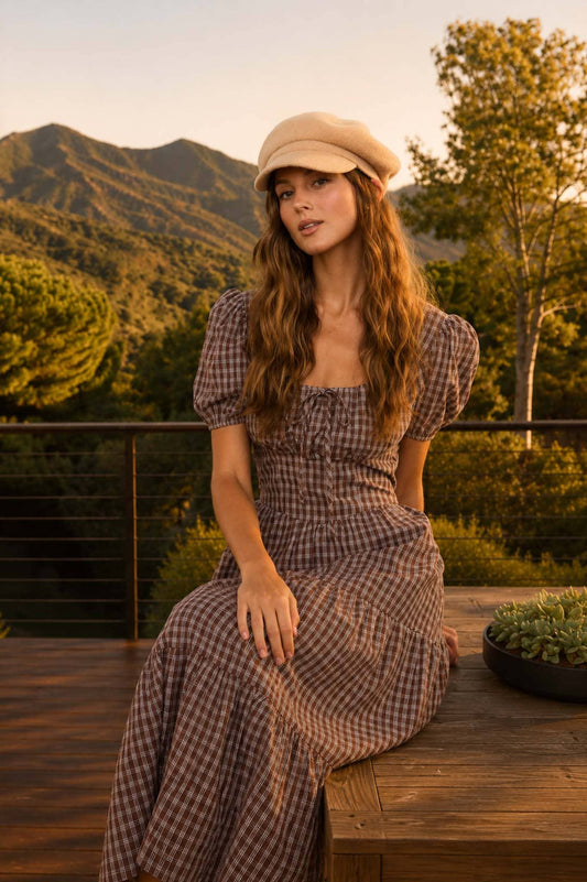 PLAID PUFF SLEEVE CORSET MIDI DRESS