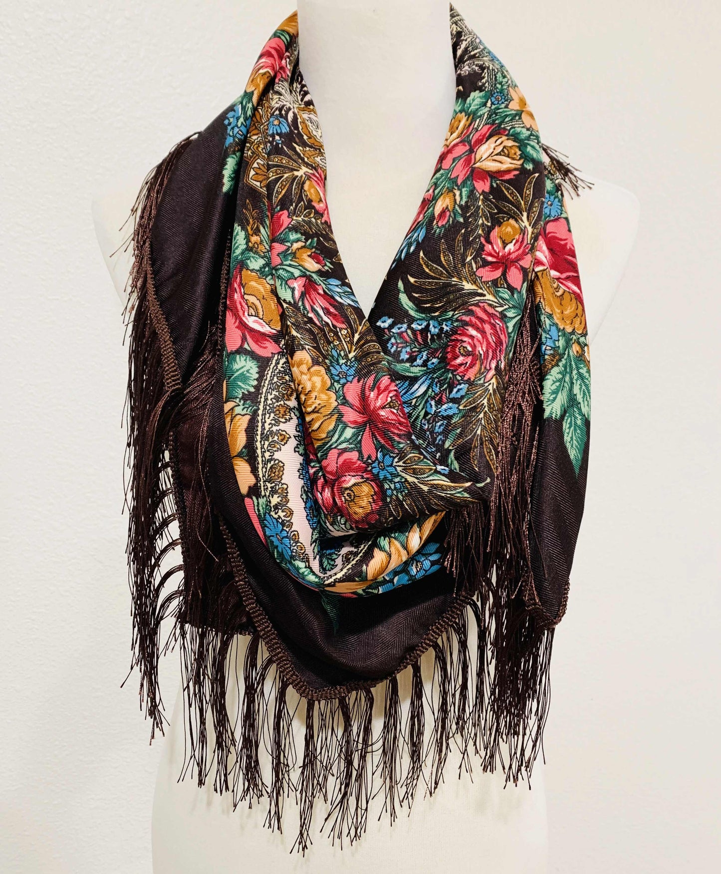 Western or Spanish Long Fringe Floral Square Scarf/Shawl