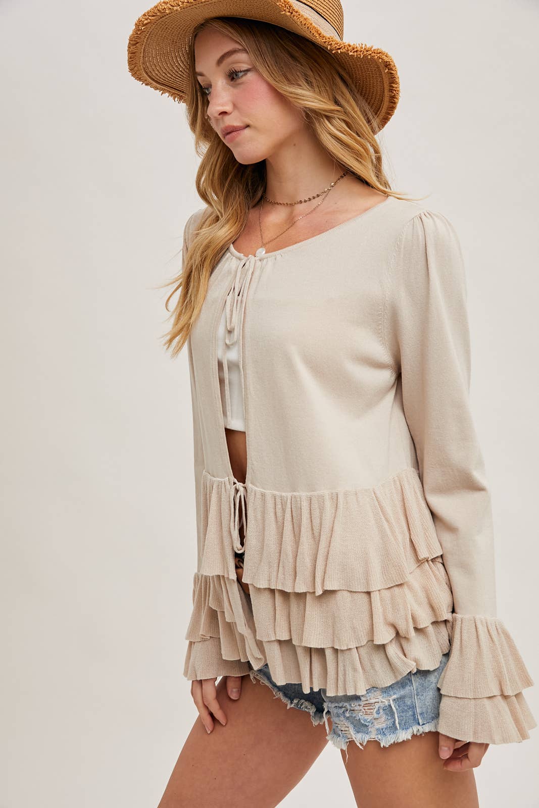 RUFFLED FRONT TIE BELL SLEEVE CARDIGAN