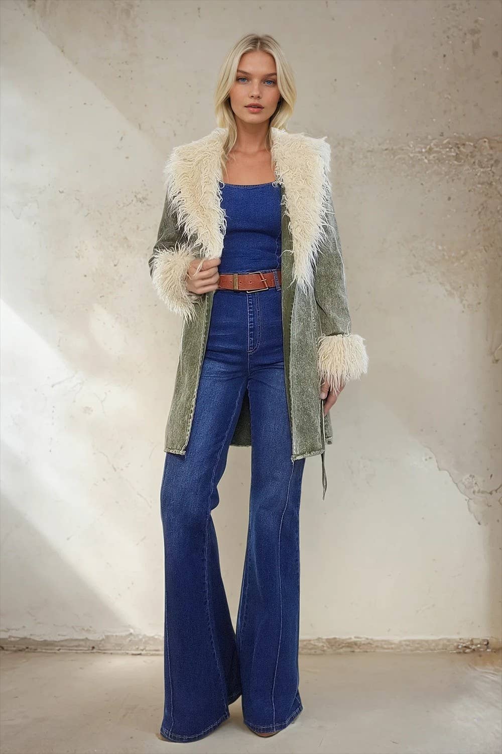 Olive washed Denim with faux fur collar and cuffs