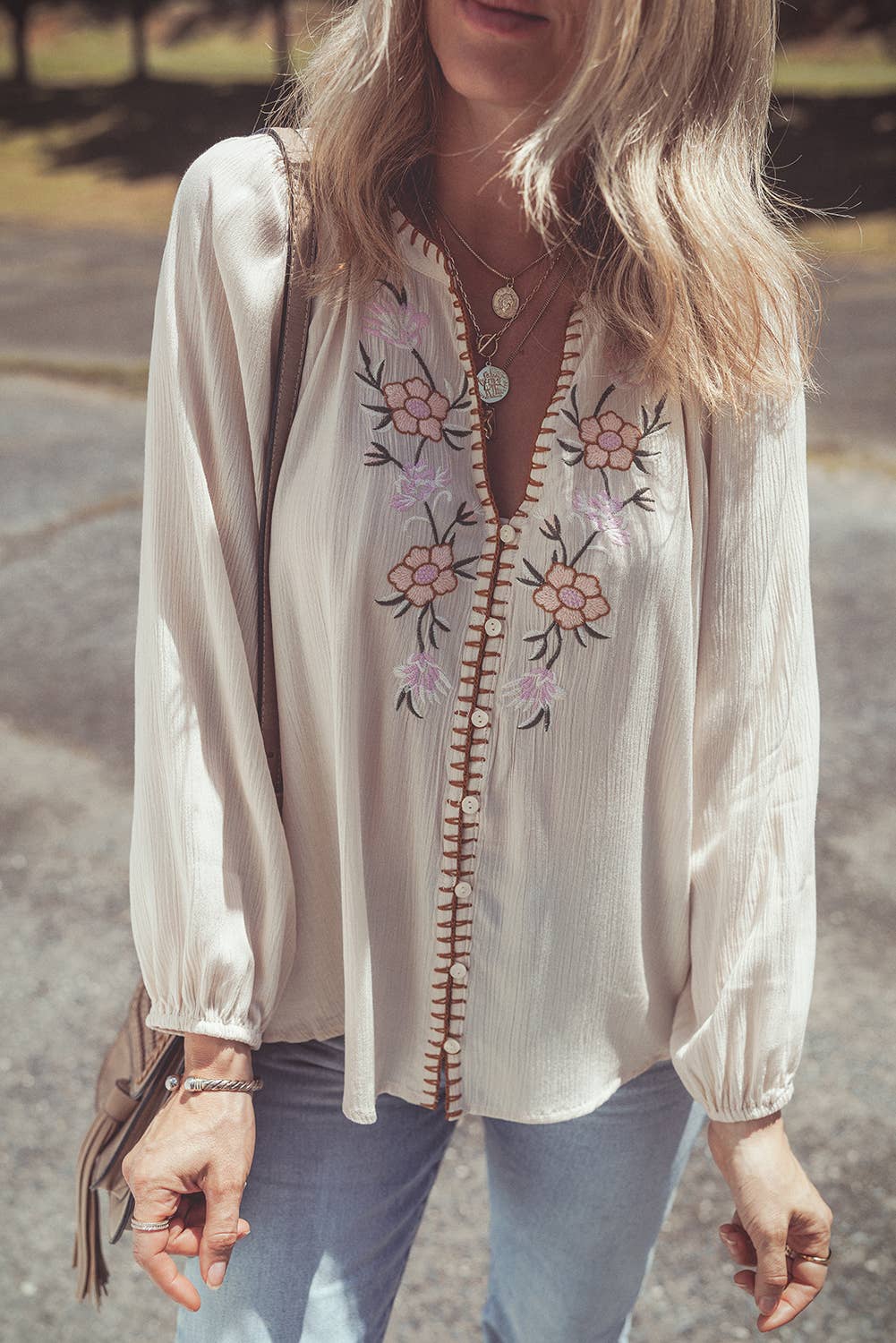 Floral Embroidered Textured Spring Puff Sleeve Loose Shirt