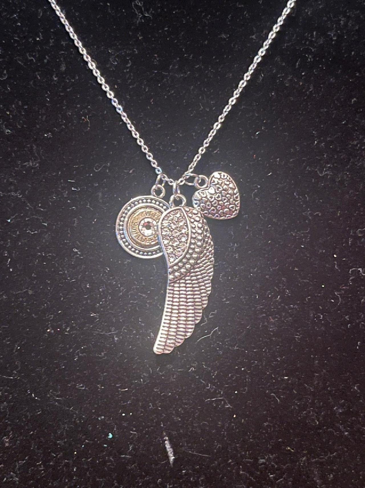 Silver Feather Rhinestone Bullet Necklace