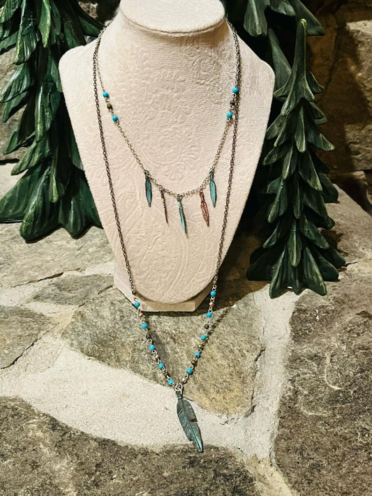 Multi Feather necklace & earrings