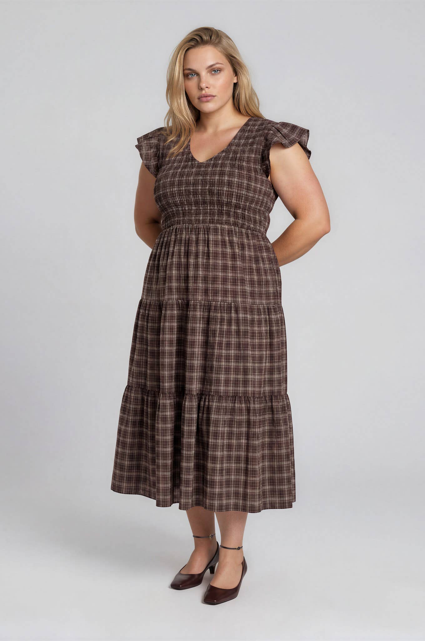 PLUS PLAID V NECK SMOCKED TIERED MIDI DRESS