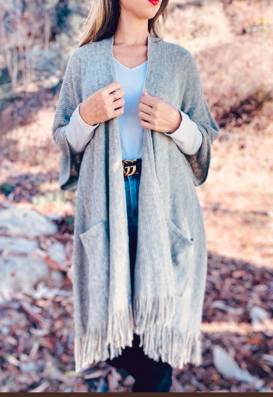 Grey soft knitted Kimono Cardigan with fringe