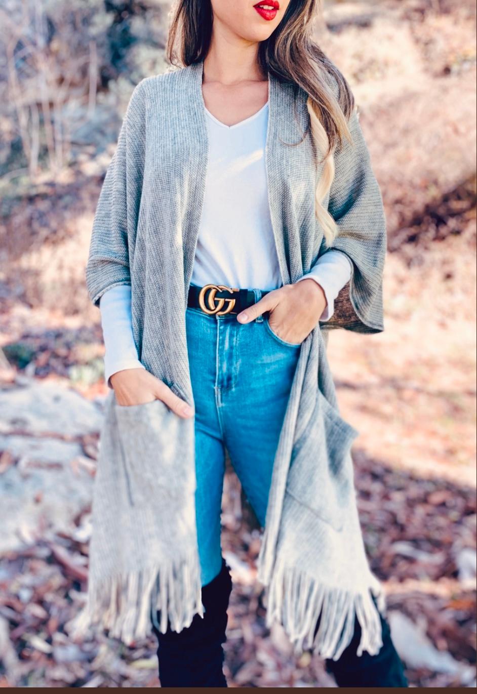 Grey soft knitted Kimono Cardigan with fringe