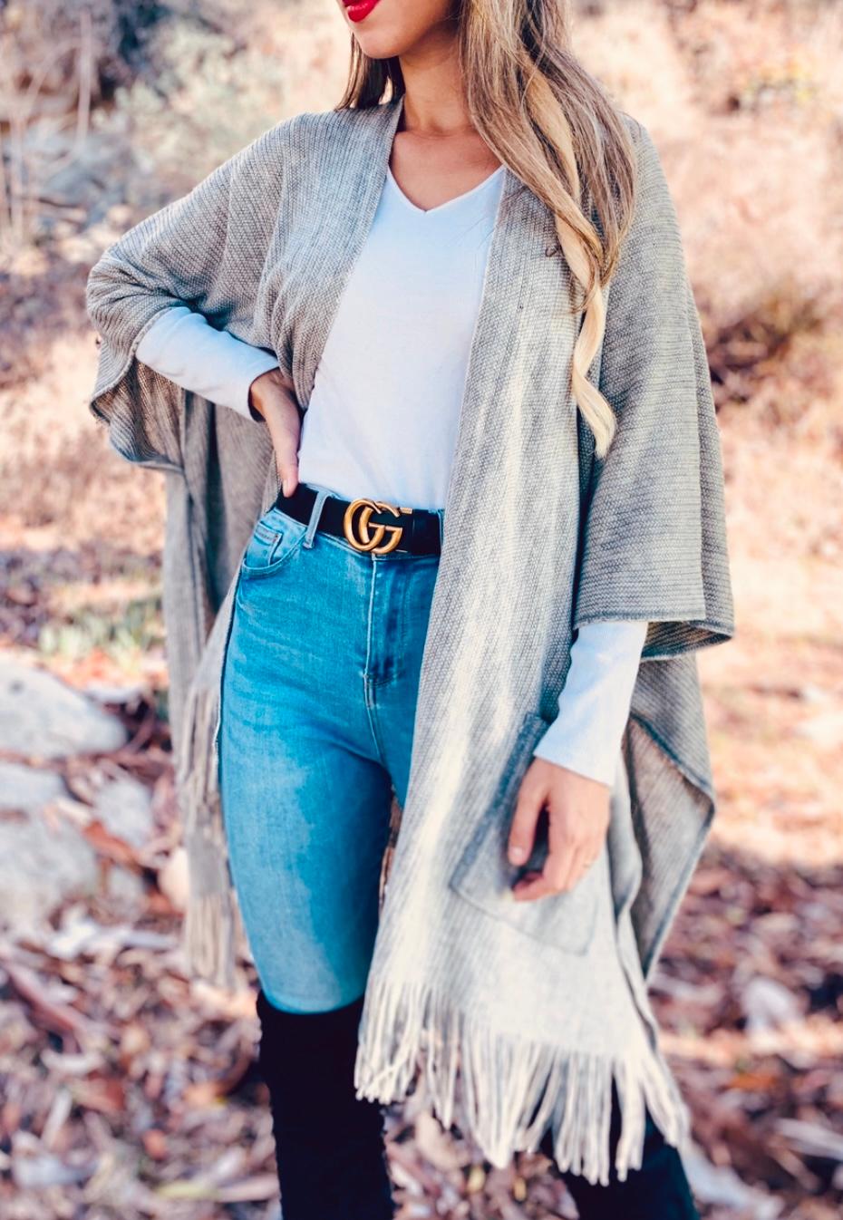 Grey soft knitted Kimono Cardigan with fringe