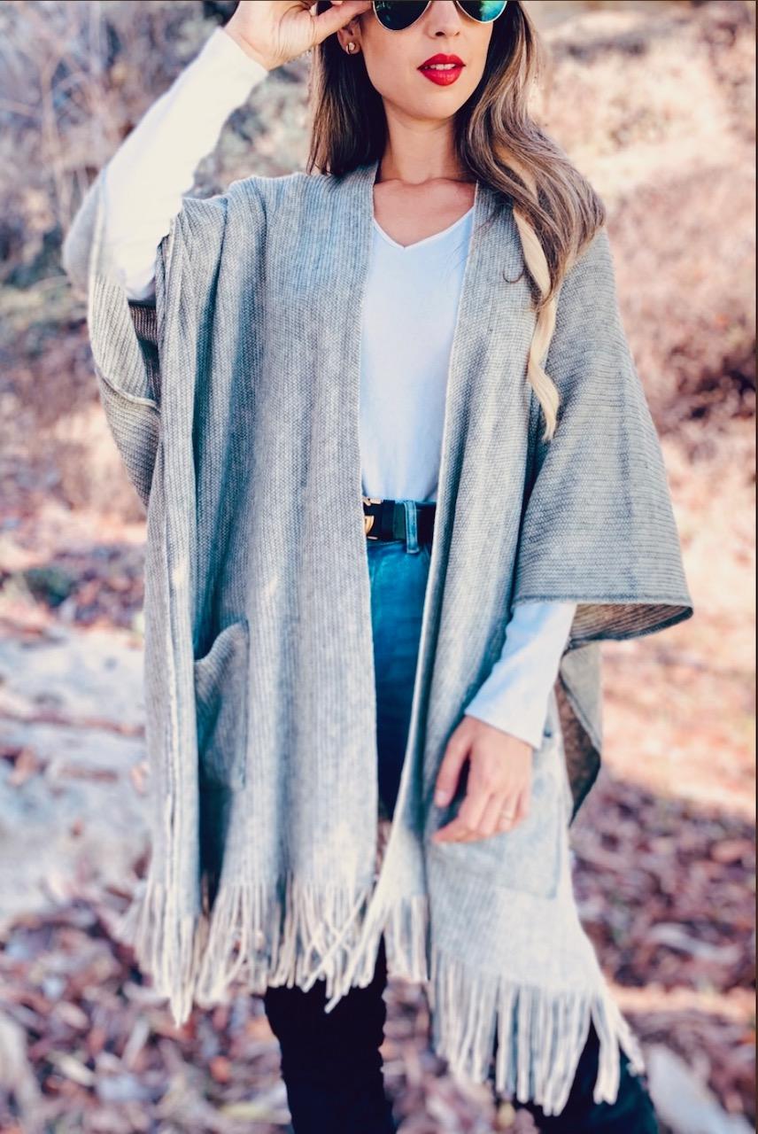 Grey soft knitted Kimono Cardigan with fringe