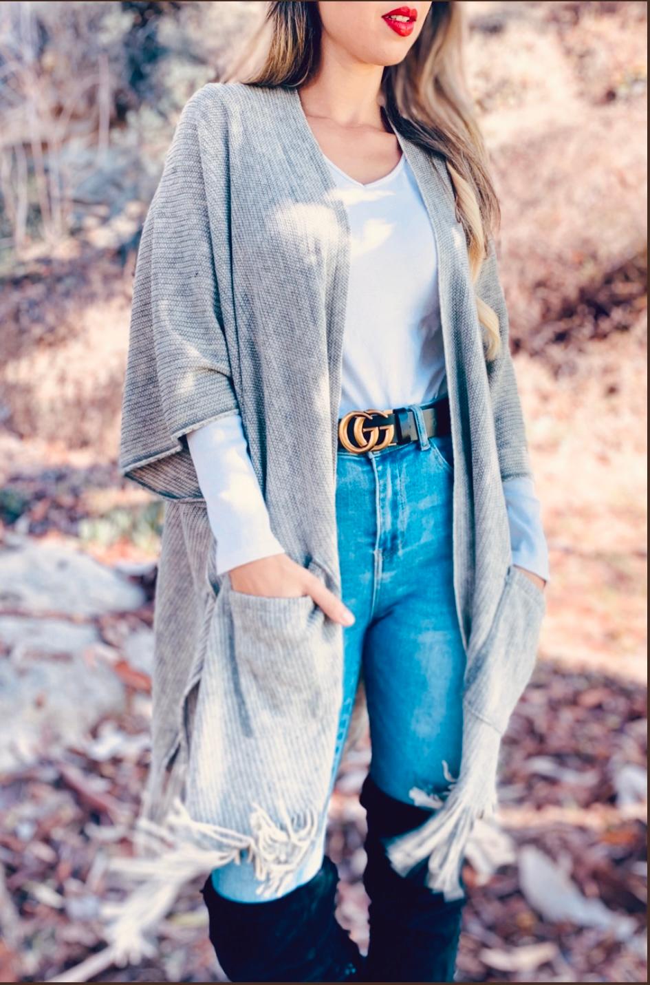 Grey soft knitted Kimono Cardigan with fringe