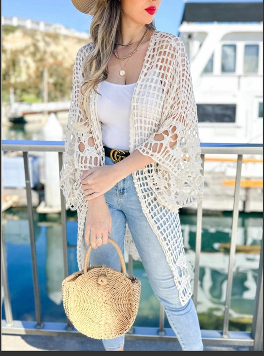Ivory Floral Crochet Wide Sleeve Kimono