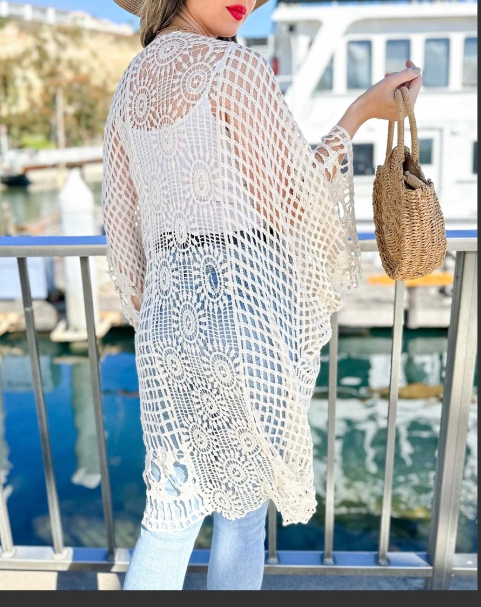 Ivory Floral Crochet Wide Sleeve Kimono
