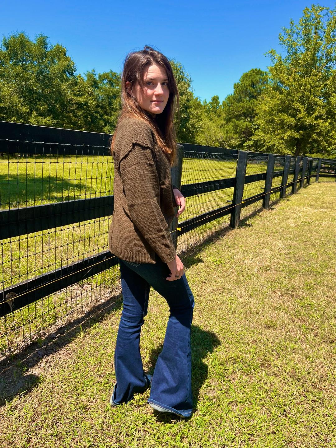 Olive cable sweater with v-neck buttons