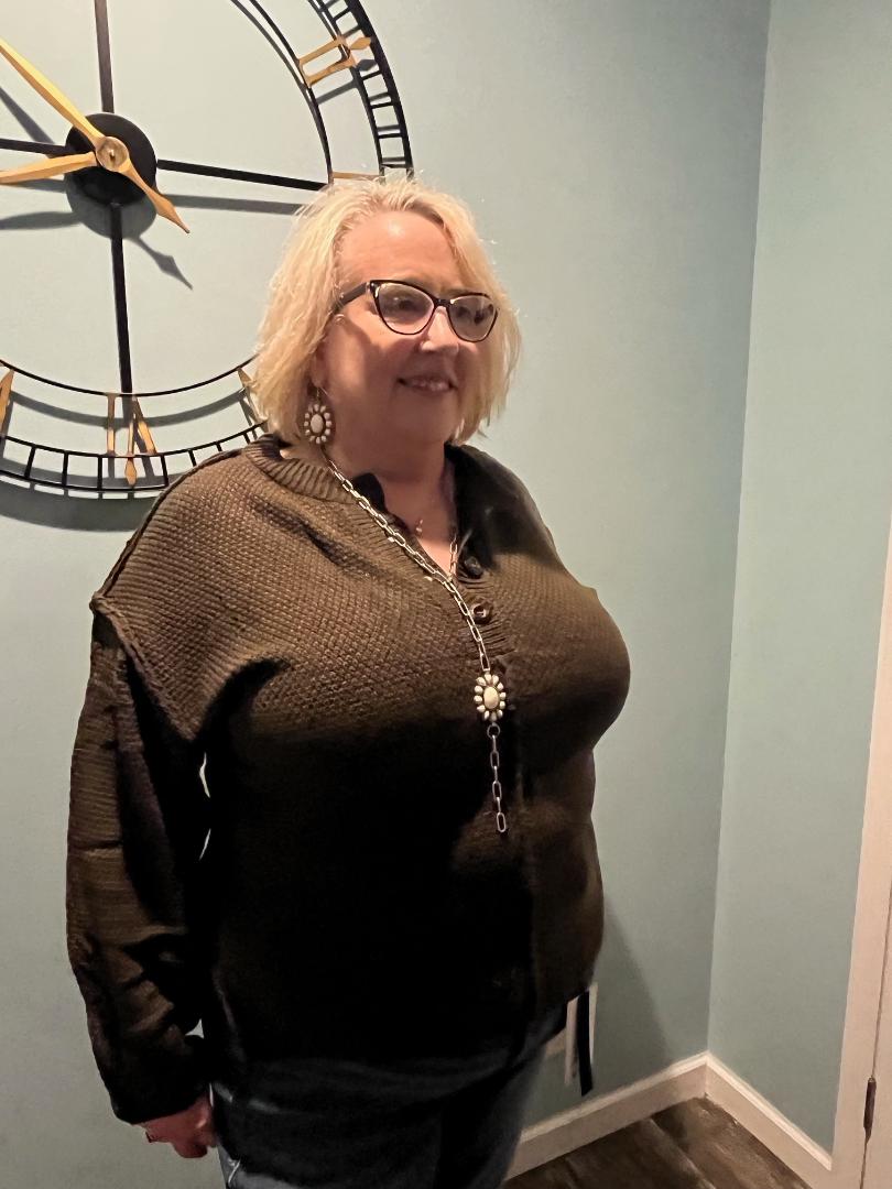 Olive cable sweater with v-neck buttons