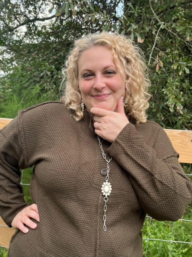 Olive cable sweater with v-neck buttons