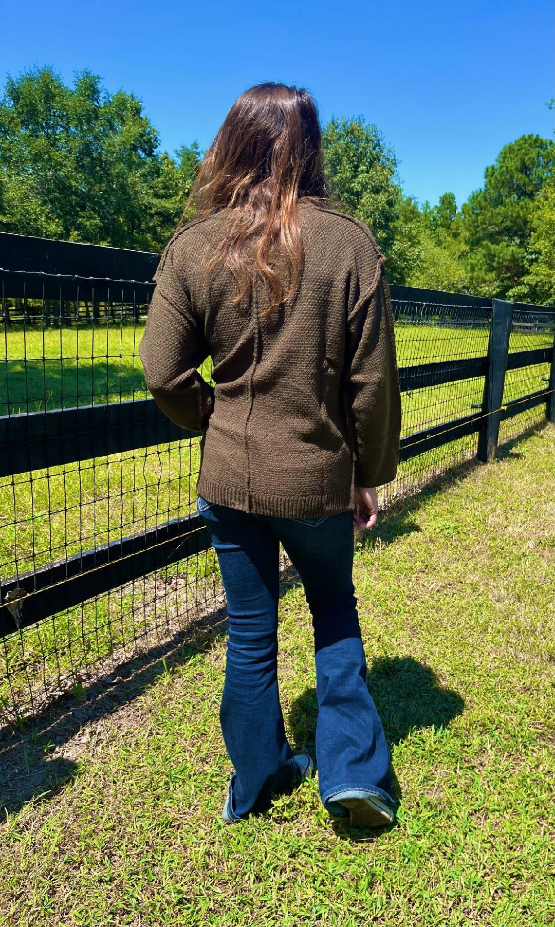 Olive cable sweater with v-neck buttons