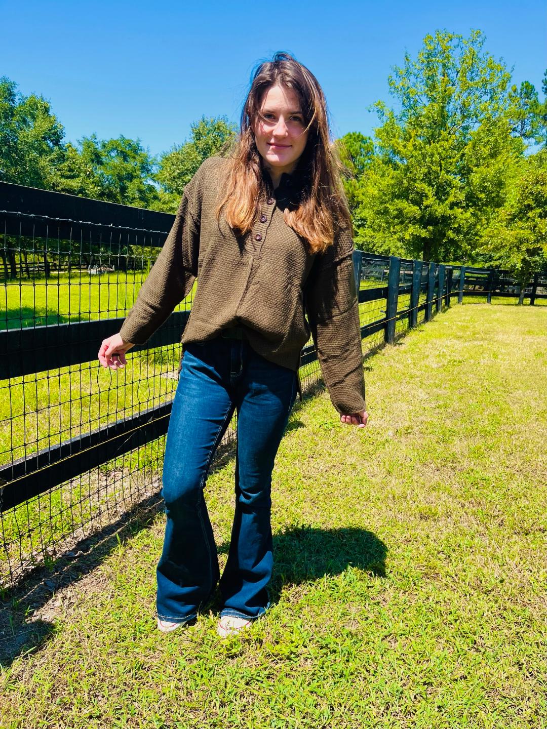 Olive cable sweater with v-neck buttons