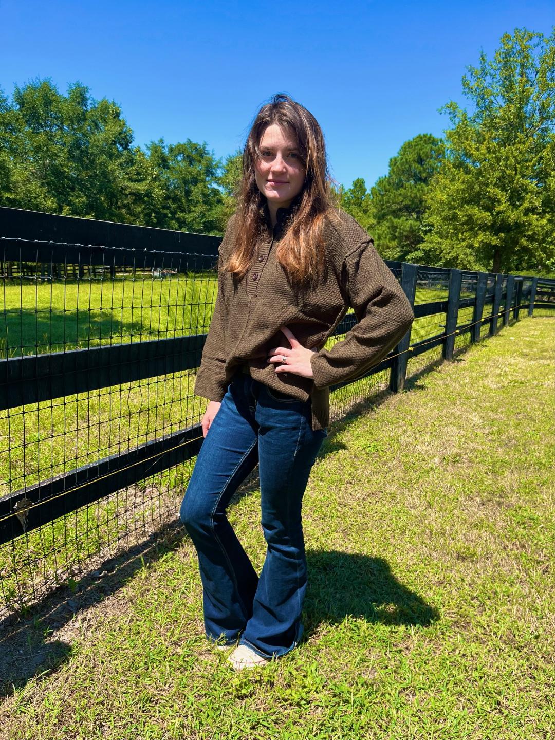 Olive cable sweater with v-neck buttons