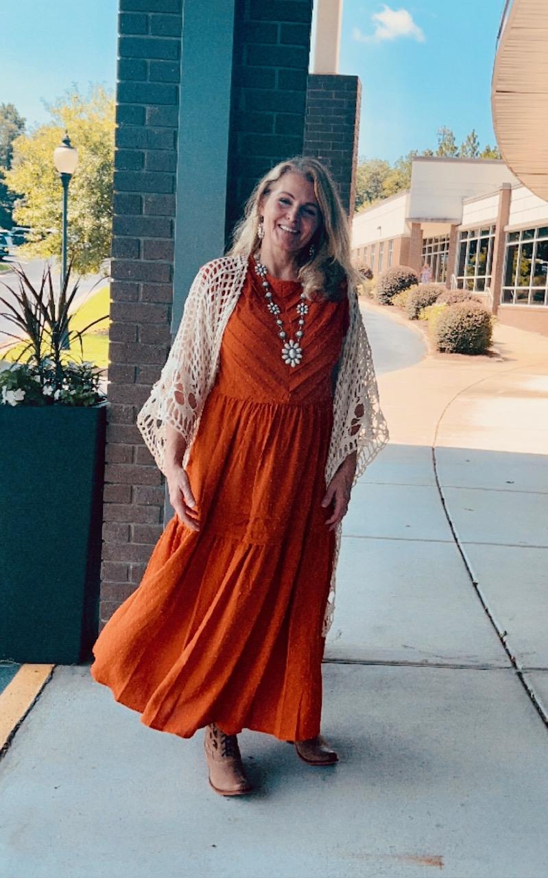 Fall burnt orange pleated dress