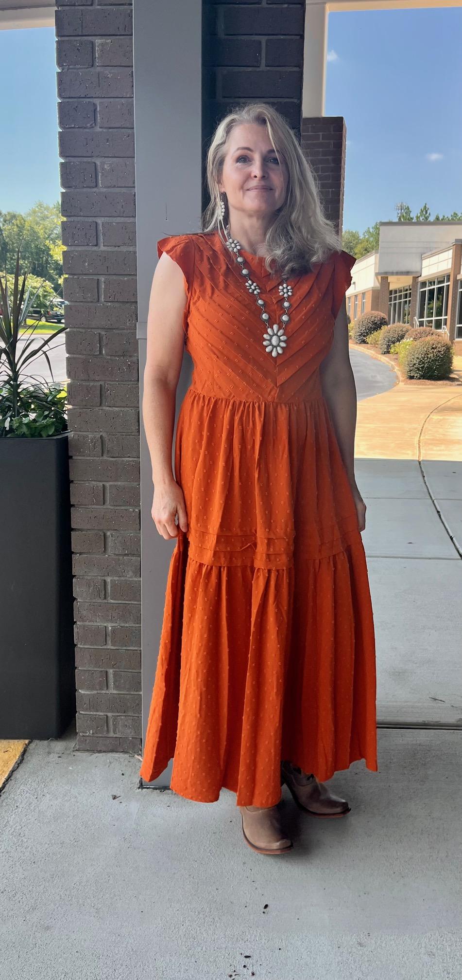 Fall burnt orange pleated dress