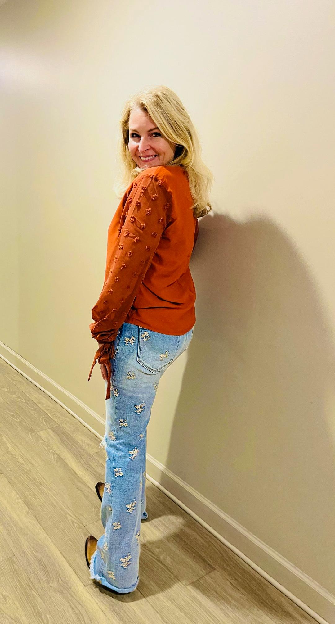 V-Neck Long Sleeve Swiss Dot top