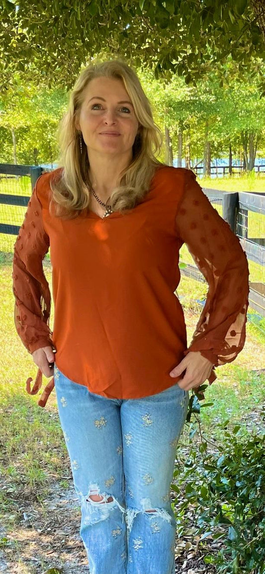 V-Neck Long Sleeve Swiss Dot top