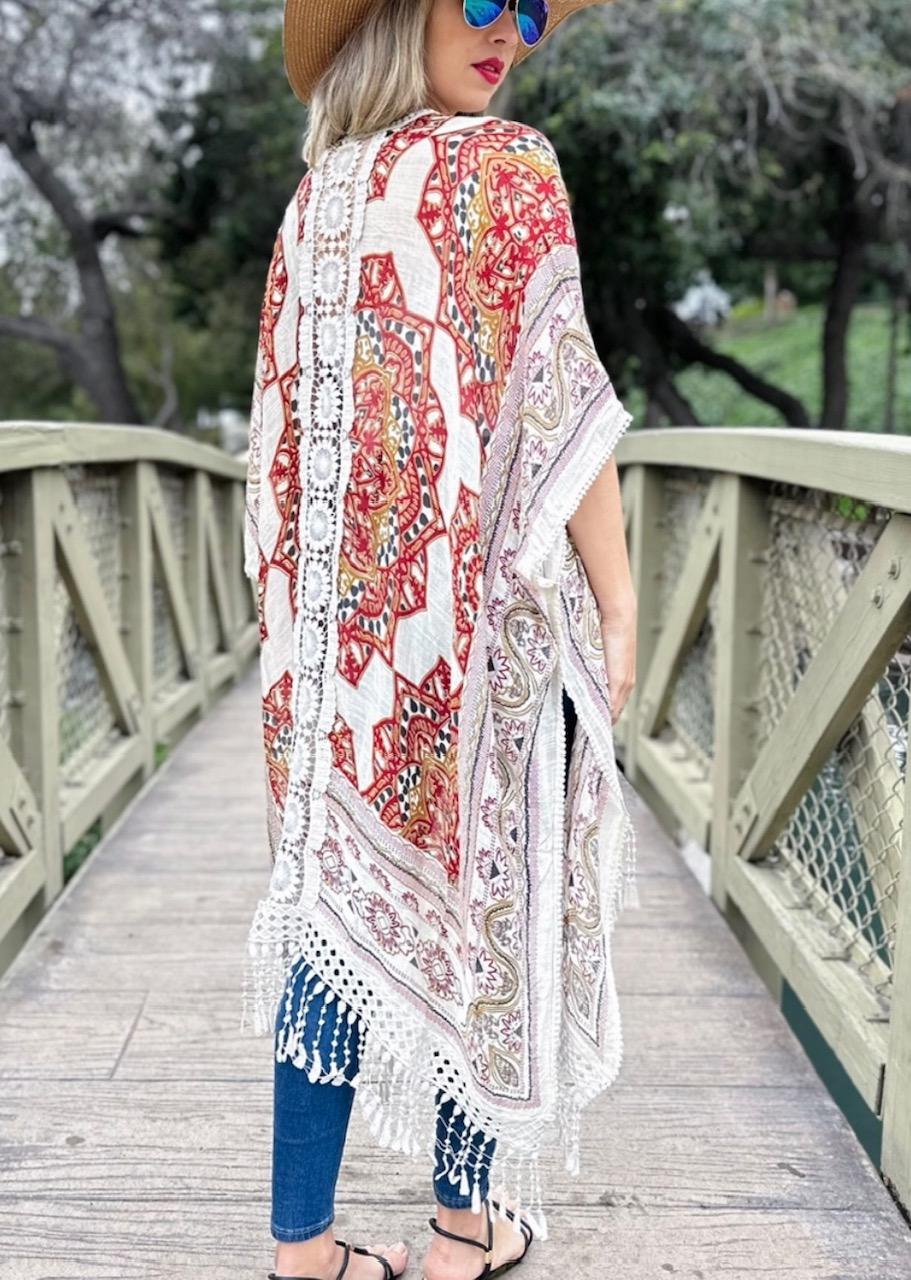Red Print  Tassel Fringe Kimono