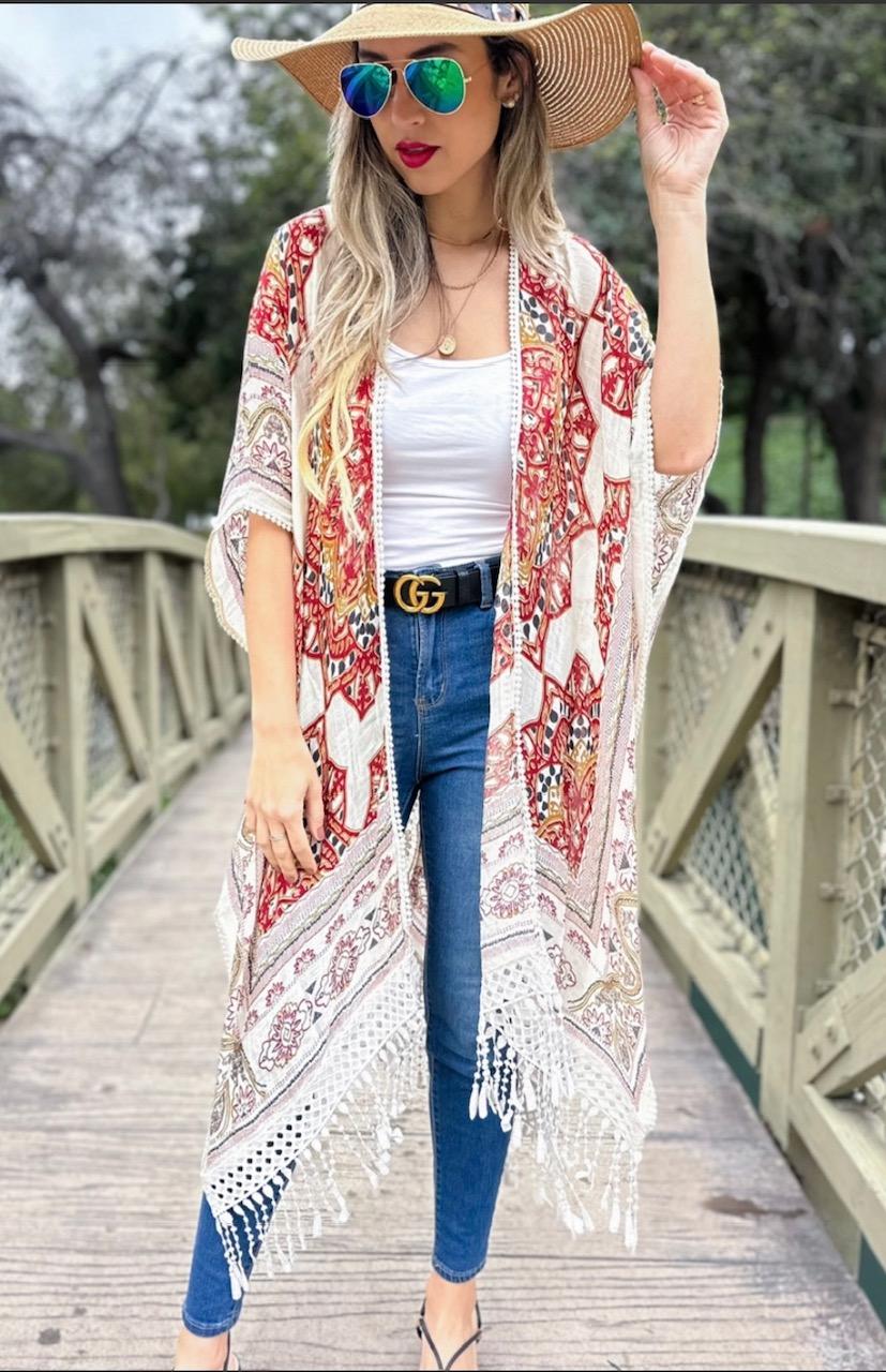 Red Print  Tassel Fringe Kimono