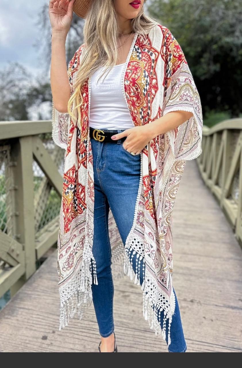 Red Print  Tassel Fringe Kimono