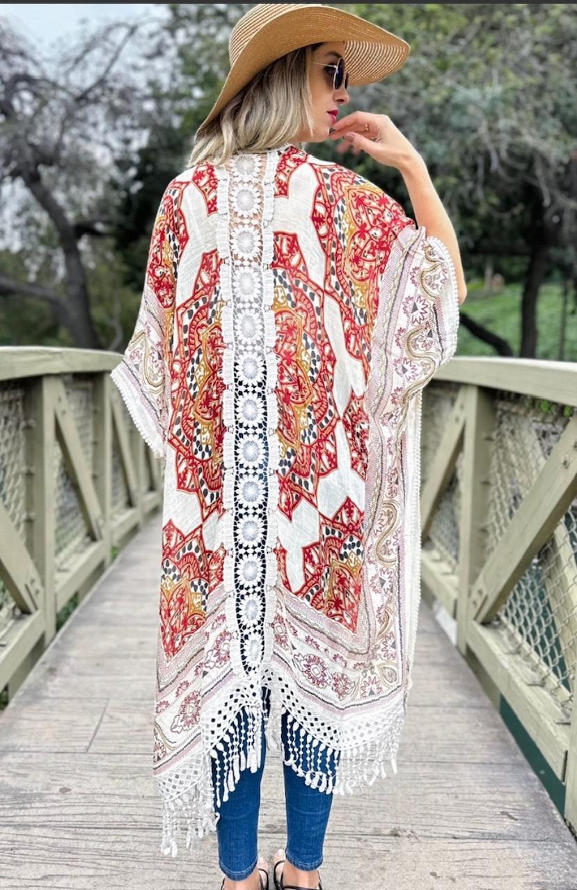 Red Print  Tassel Fringe Kimono