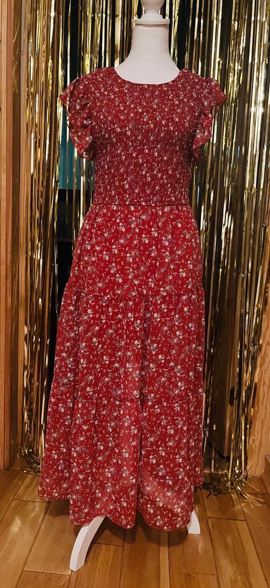 Red Floral Smocked Maxi dress
