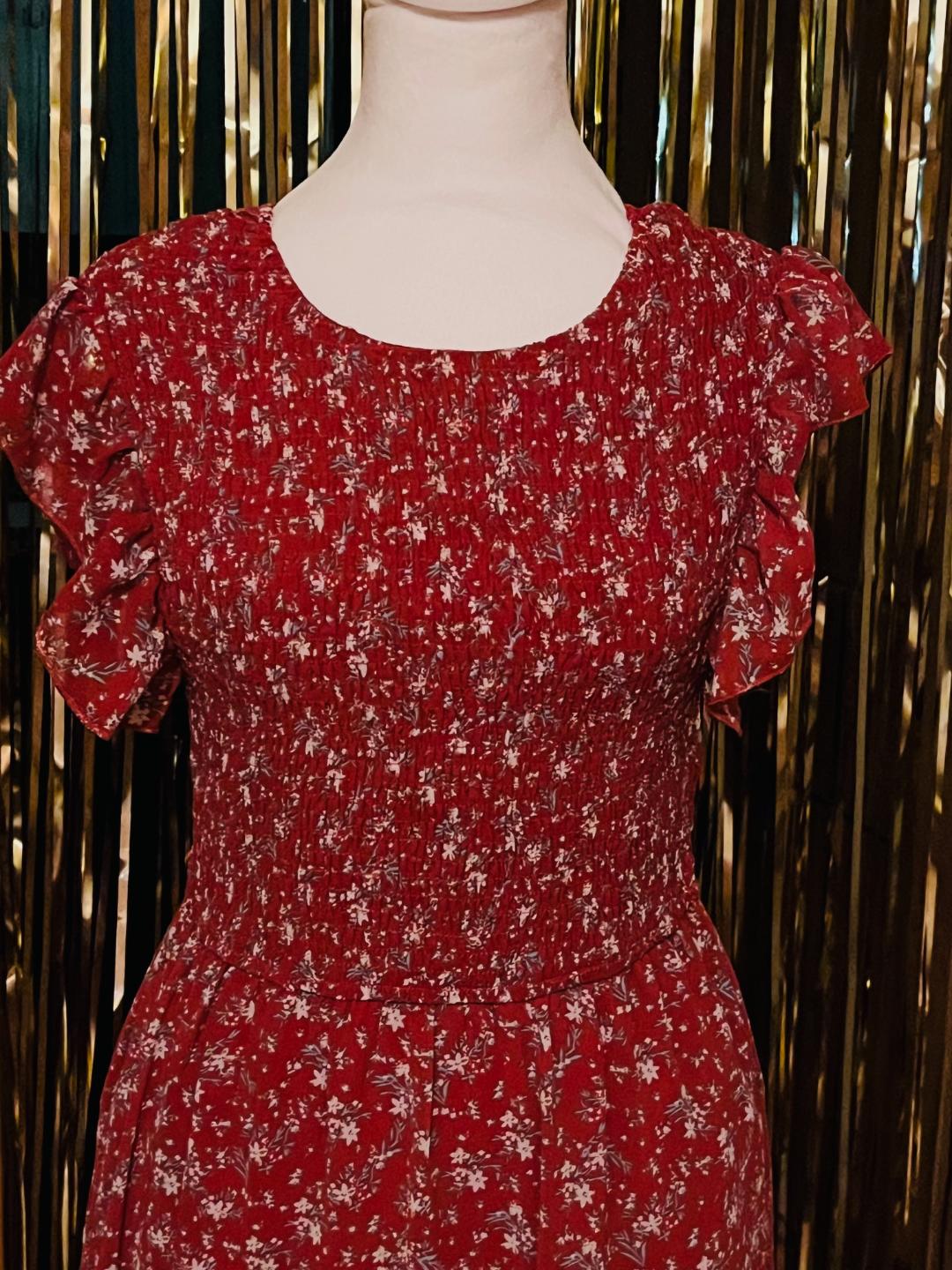 Red Floral Smocked Maxi dress