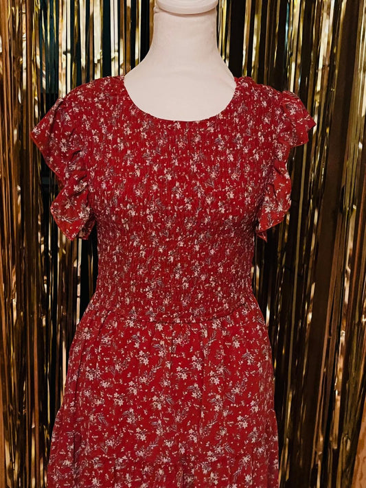 Red Floral Smocked Maxi dress