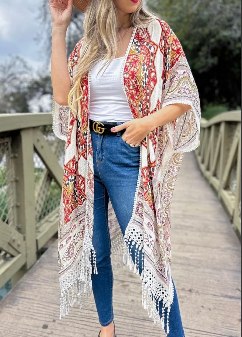 Red Print  Tassel Fringe Kimono