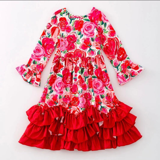 Pink roses and red ruffles dress