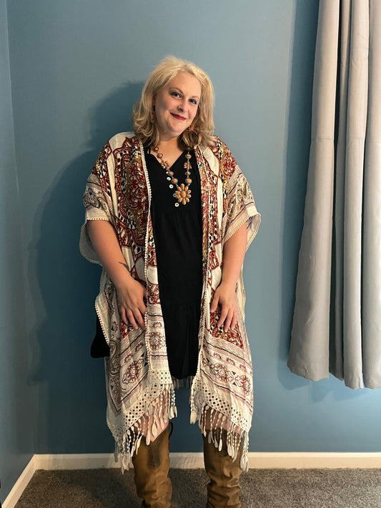 Red Print  Tassel Fringe Kimono