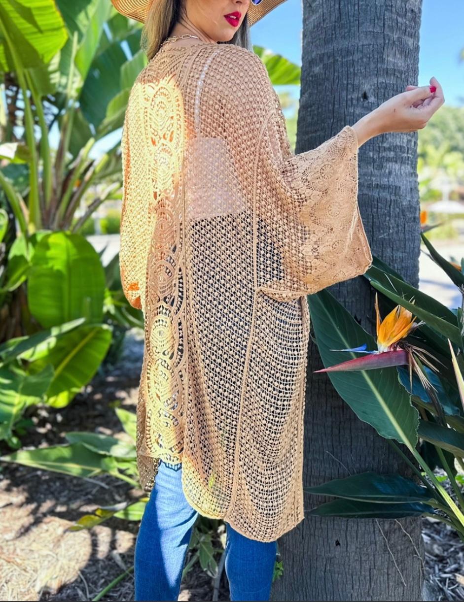 Tan Floral Crochet Wide Sleeve Kimono