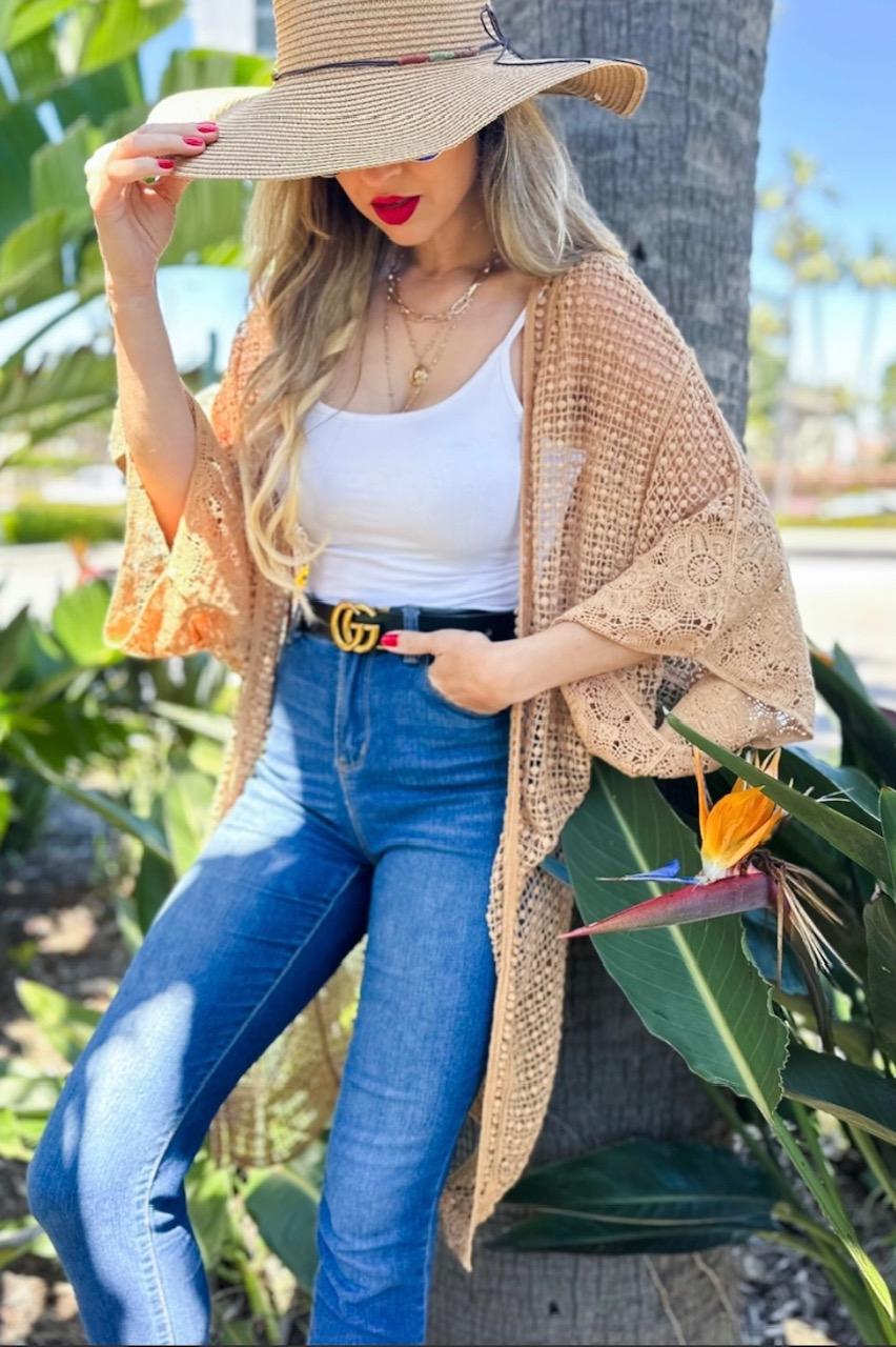 Tan Floral Crochet Wide Sleeve Kimono