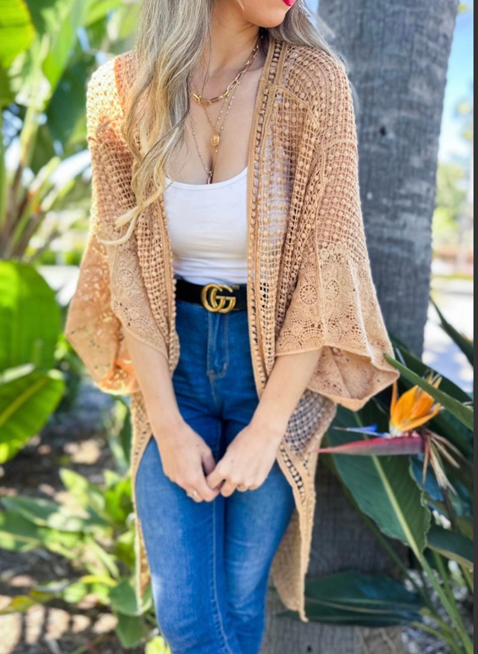 Tan Floral Crochet Wide Sleeve Kimono