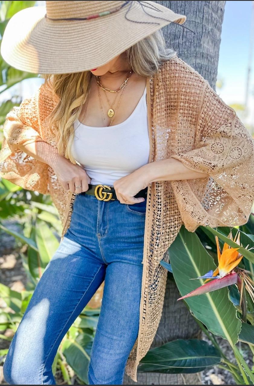 Tan Floral Crochet Wide Sleeve Kimono